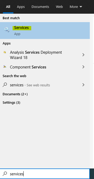 To ensure that the newly installed SQL Server Express instance is up and running, go to the search bar and type Services