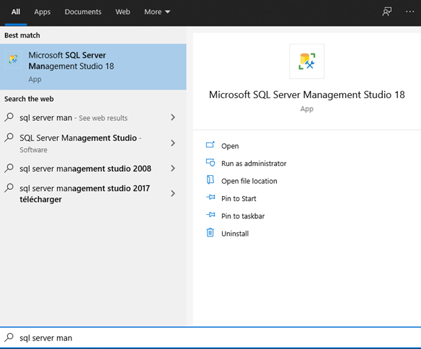 Go to the Windows search bar and type SQL Server Management. The Microsoft SQL Server Management Studio 18 icon appears at the top of the list. Click on it to launch the Studio