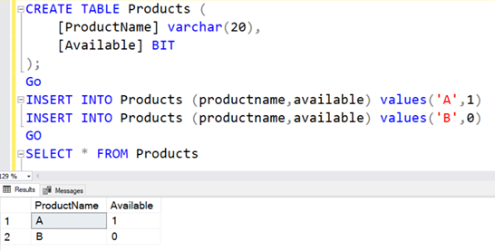The output of the T-SQL script that creates a product table and inserts two products data values into it