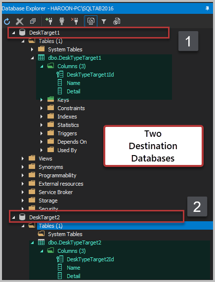 To view the recently created databases, check the Database Explorer for the server where those databases are