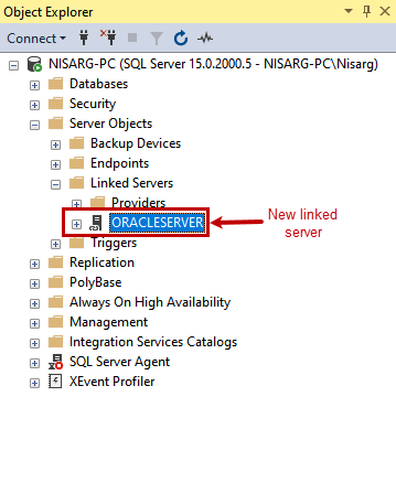 Now, click OK to create a linked server. Once it is done successfully, you can view it under the LinkedIn Servers node in SSMS