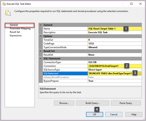 Rename it to SQL Reset Target Table 1 and configure the task in the following way