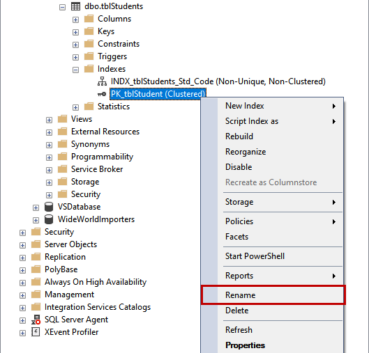 Rename indexes using SSMS