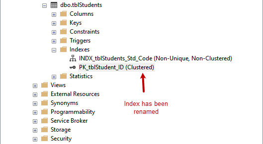 If the index name isn’t updated, refresh the Indexes folder