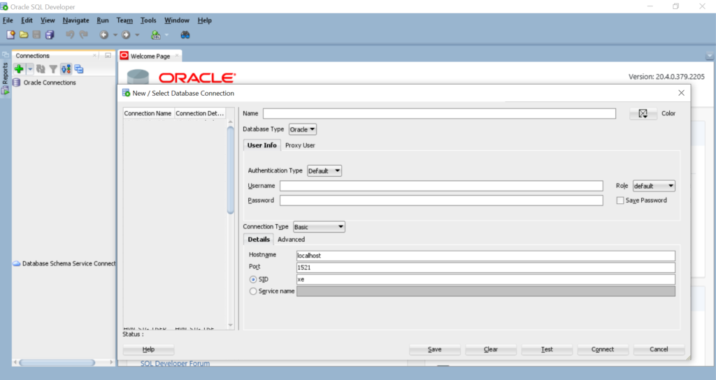 Open the SQL Developer and create a new connection in Oracle