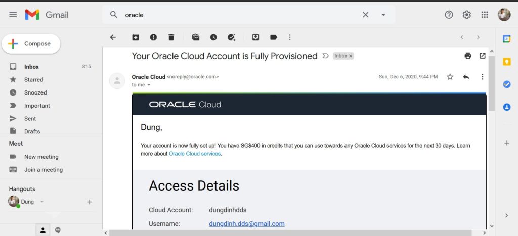 Confirmation that Oracle ADW account  was created successfully 