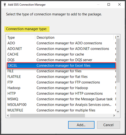 Select EXCEL from the list that appears once you click New Connection