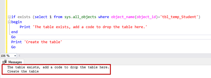 The EXISTS statement checks if the table specified in the stored procedure exists.