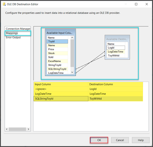Configure the properties used to insert data into a relational database using an OLE DB Provider