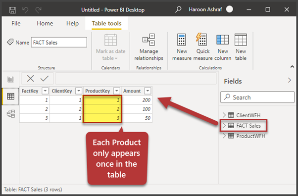 Editing the Product (ProductWFH) and Sales (FACT Sales) Table Relationship