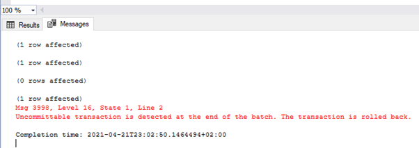 The image shows the values in the TEST_TRAN table and error messages