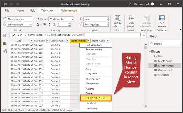 Hiding Month Number column in report view