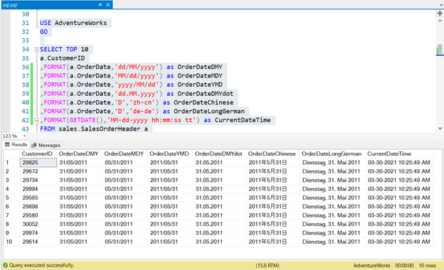 Various samples of SQL date format using FORMAT function