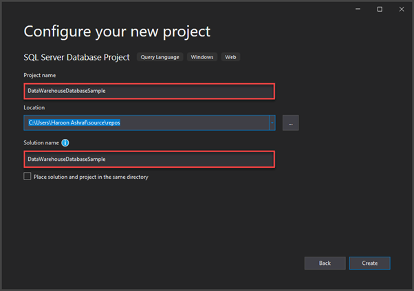 How to create the data warehouse database project in Visual Studio
