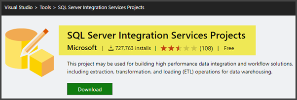 How to add SQL Server Integration Services from Visual Studio marketplace as a (VSIX) extension