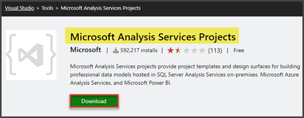To build the analysis services database, you need to create a separate project in Visual Studio. However, before that, you need to add the Microsoft Analysis Services Projects extension from Visual Studio Marketplace