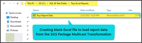 Creating a blank Excel file to load the reporting data from the SSIS Package Multicast Transformation.