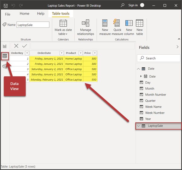 Switch to the Data view and click the Laptop Sales table to display the data