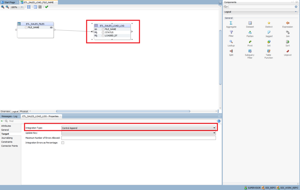 Click on ETL_SALES_LOAD_LOG. Target: Control Append. This option allows us to insert records, not delete them.