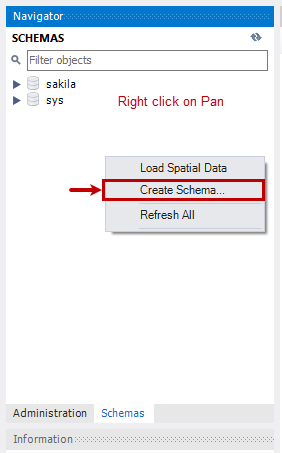 Select Create Schema when  connecting to the MySQL database server with appropriate credentials