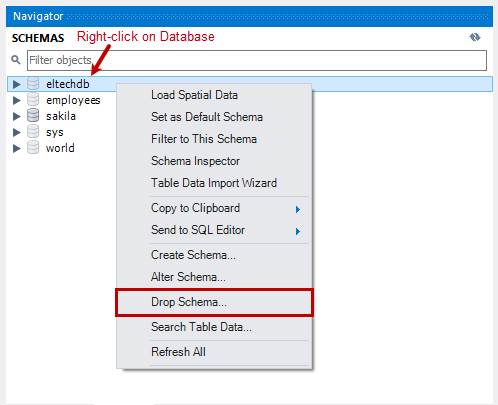 Drop Database Using MySQL Workbench.