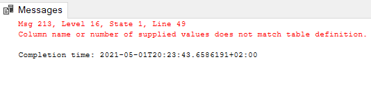error that occurs because the number of values specified doesn’t match the number of columns in the Employee tabl