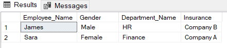 Returned values of the Name and Gender columns from the Employee table and the Name columns from the Department and Insurance tables