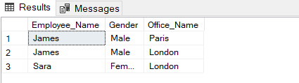 returned values of the Name and Gender columns from the Employee table and the Name column from the Office table 