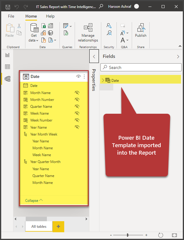 Power BI Date Table is imported into the Report