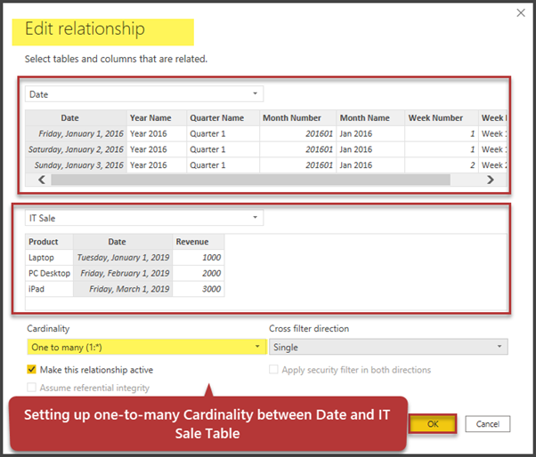 Setting up one-to-many cardinality between date and IT Sale Table