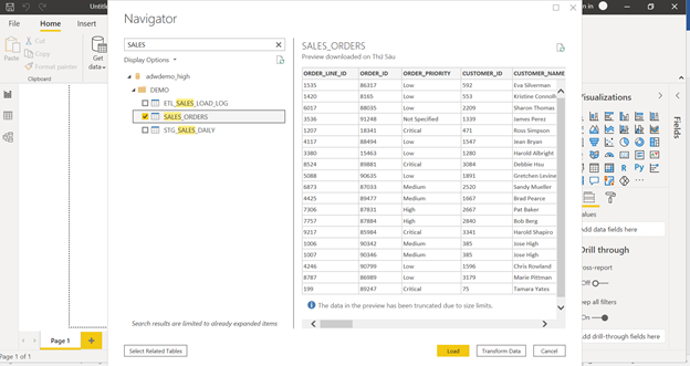 In the Navigator window, choose the database schema > DEMO > filter the SALES table > SALES_ORDERS table
