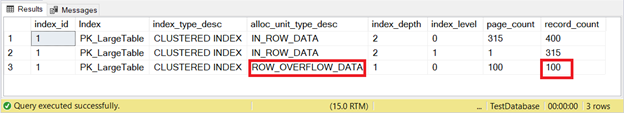 100 rows under row-overflow data in our large table example