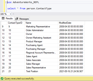 performing SELECT statement on the Person.ContactType table in the Subscriber database