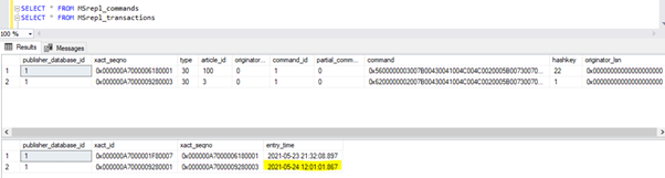 A new record with the UPDATE time was inserted into the MSrepl_transactions table with the nearby entry_time