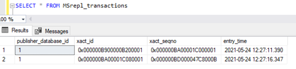 two transaction records in the MSrepl_transactions table matching the two UPDATE operations