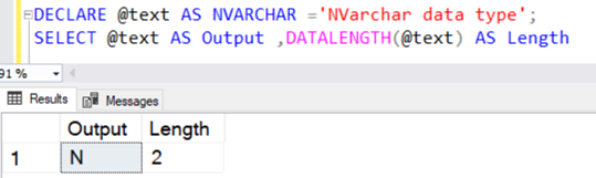 NVARCHAR also has a default value of 1 character (2 bytes) without specifying an explicit value for N.