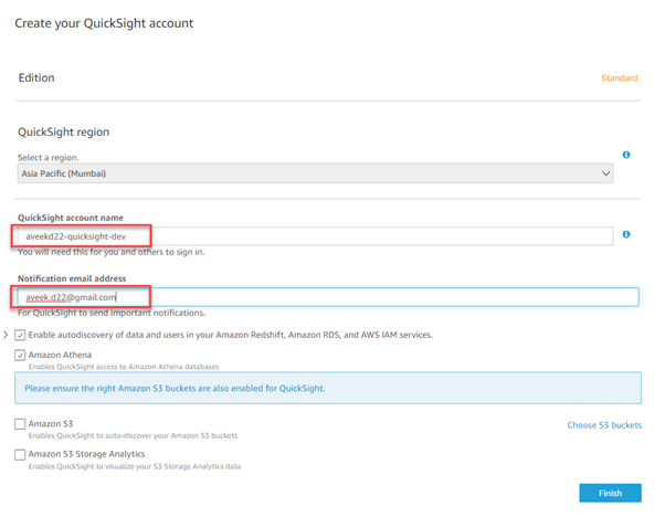 Providing QuickSight Account Name and Email Address