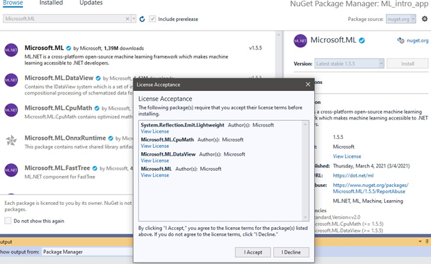 install Microsoft.ML from NuGet