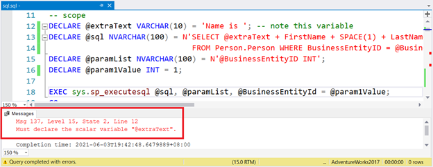 Variable out of scope outside the dynamic SQL string