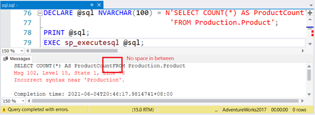Missing space between column alias and FROM keyword in dynamic SQL string caused an error