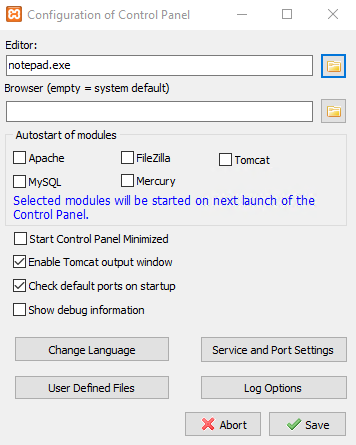Configuration of xampp control panel