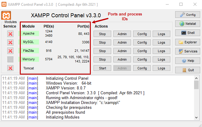 XAMPP ports and process IDs