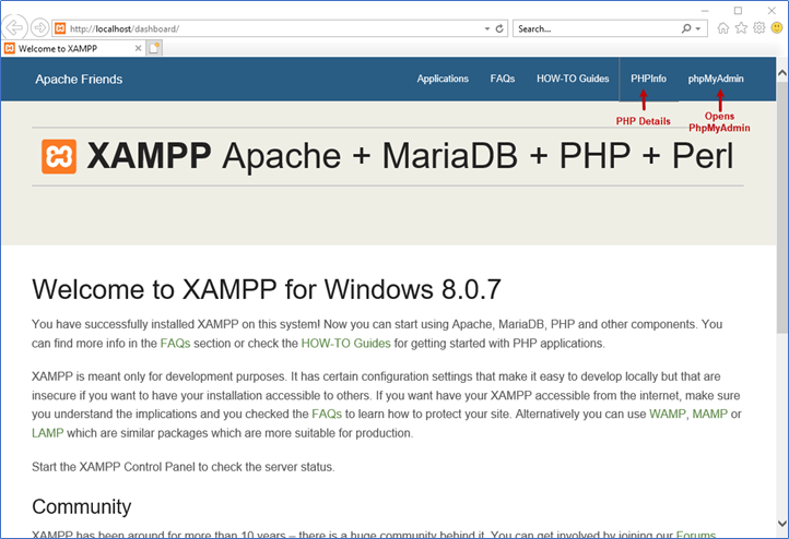 XAMPP admin button