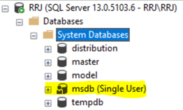 msdb database highlights the database in the single-user mode