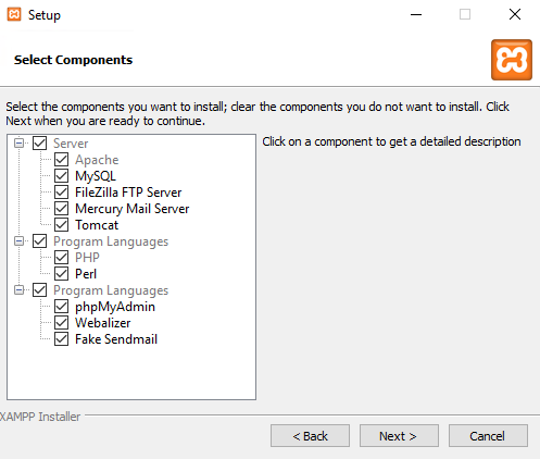 select components when installing xampp