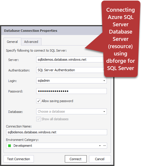 Connecting Azure SQL Server Database using DbForge for SQL Server