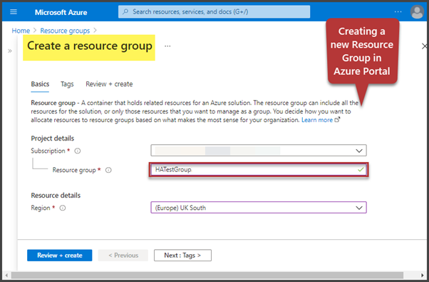 Creating a new resource group in azure portal