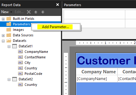 right-click the Parameters folder and then select the Add Parameter option as shown below