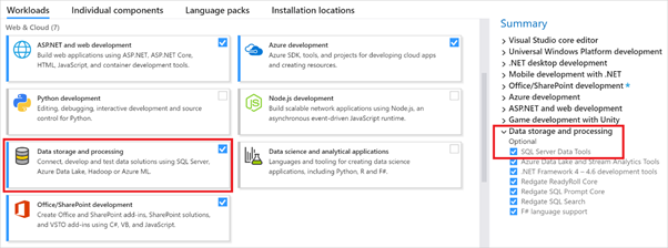 Selecting SQL Server Data Tools under Data Storage and processing under the Workloads section