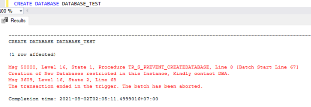error when trying to create a new database 
